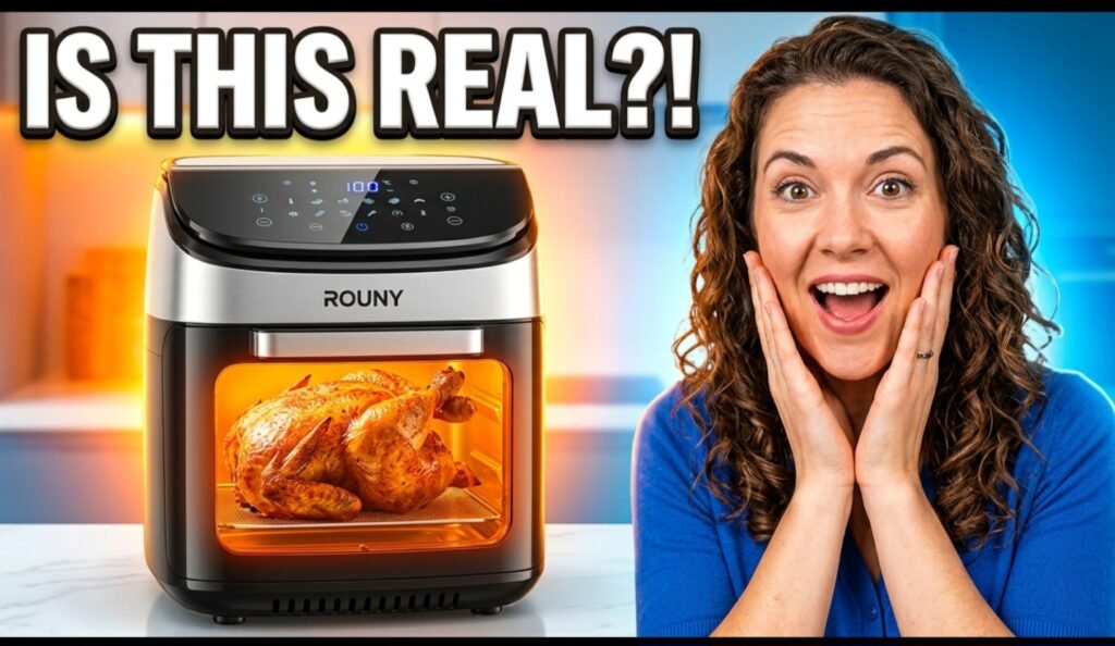 Non toxic air fryer - ROUNY 5L touch control model with visible cooking window and roasted chicken inside basket