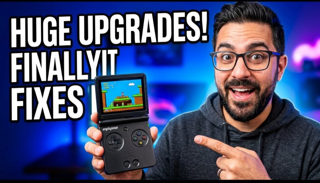 MIYOO Flip V2 retro handheld game console with upgraded hinge, shell, and firmware