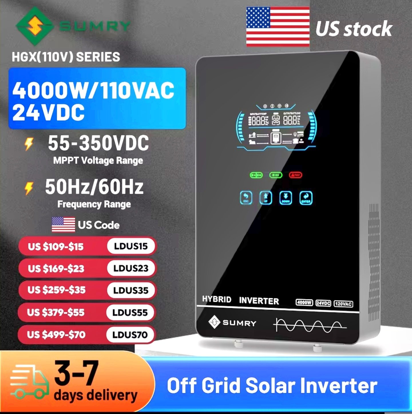 SUMRY 4KW solar inverter HGX series hybrid inverter with 55-350VDC MPPT charge controller