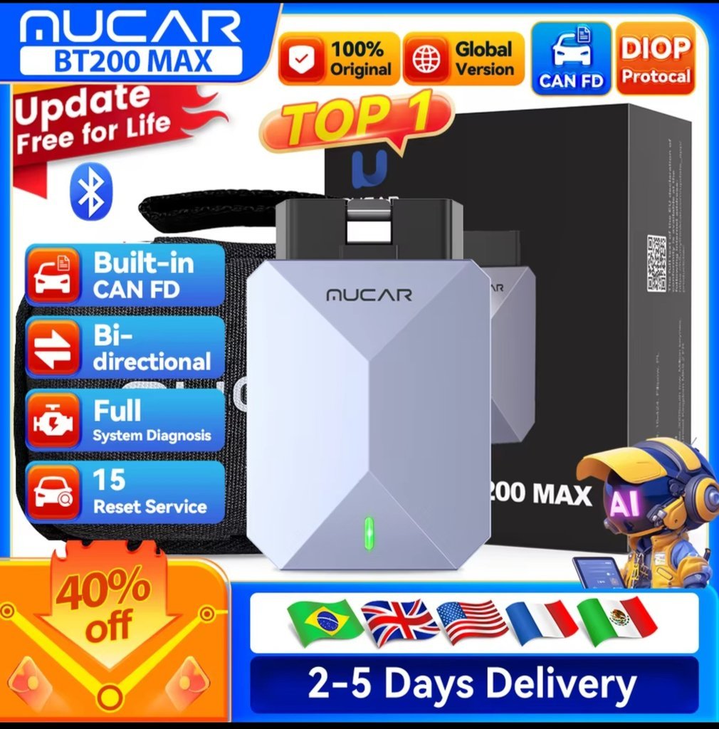 MUCAR BT200 Max bi-directional OBD2 scanner with CAN FD support and carrying case