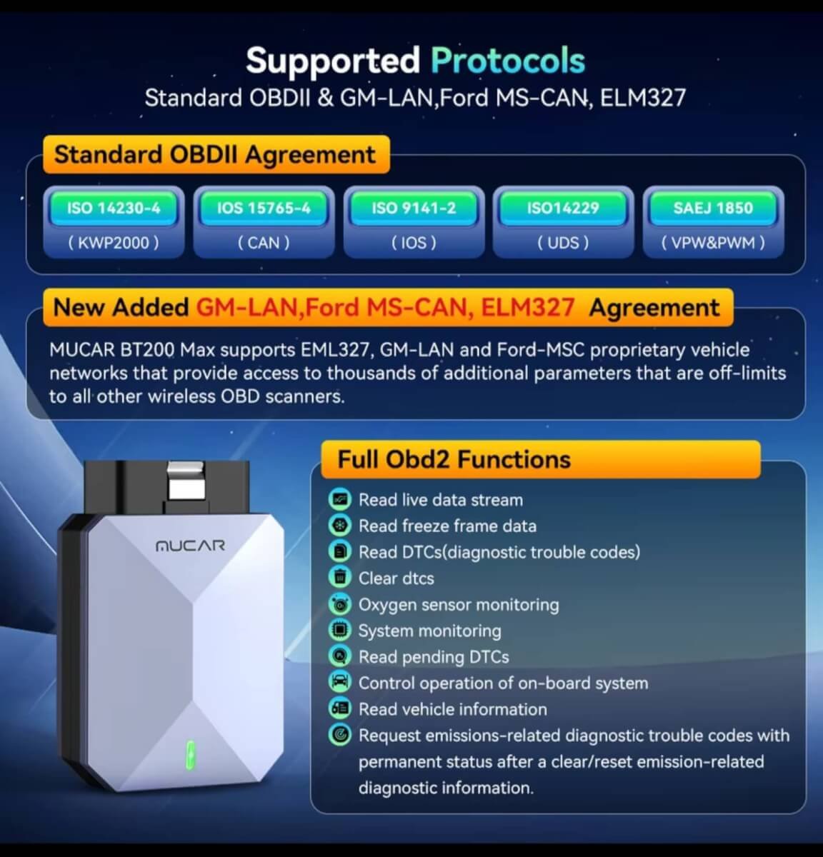 MUCAR BT200 Max supported OBDII and GM-LAN Ford MS-CAN protocols
