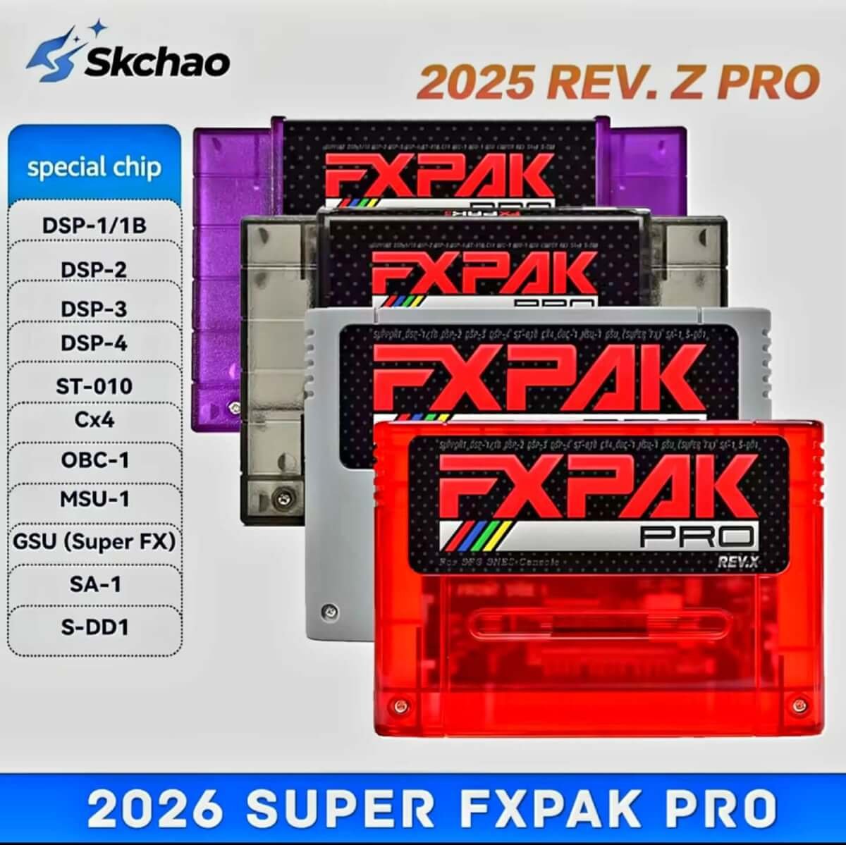 Skchao FXPAK Pro clone cartridge for SNES, 2026 Super FXPAK Pro edition with special chip list