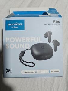 Soundcore R50i review earbuds box front with powerful sound branding