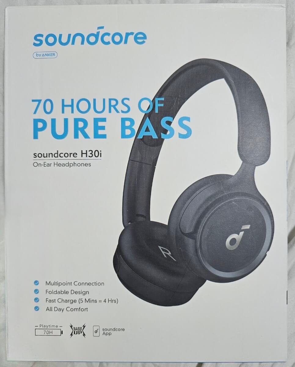 Anker Soundcore H30i wireless onear headphones box packaging showing 70 hours pure bass