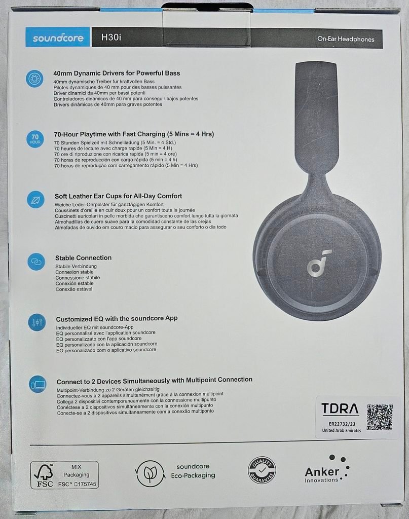 Soundcore H30i review box back features 70 hour battery multipoint