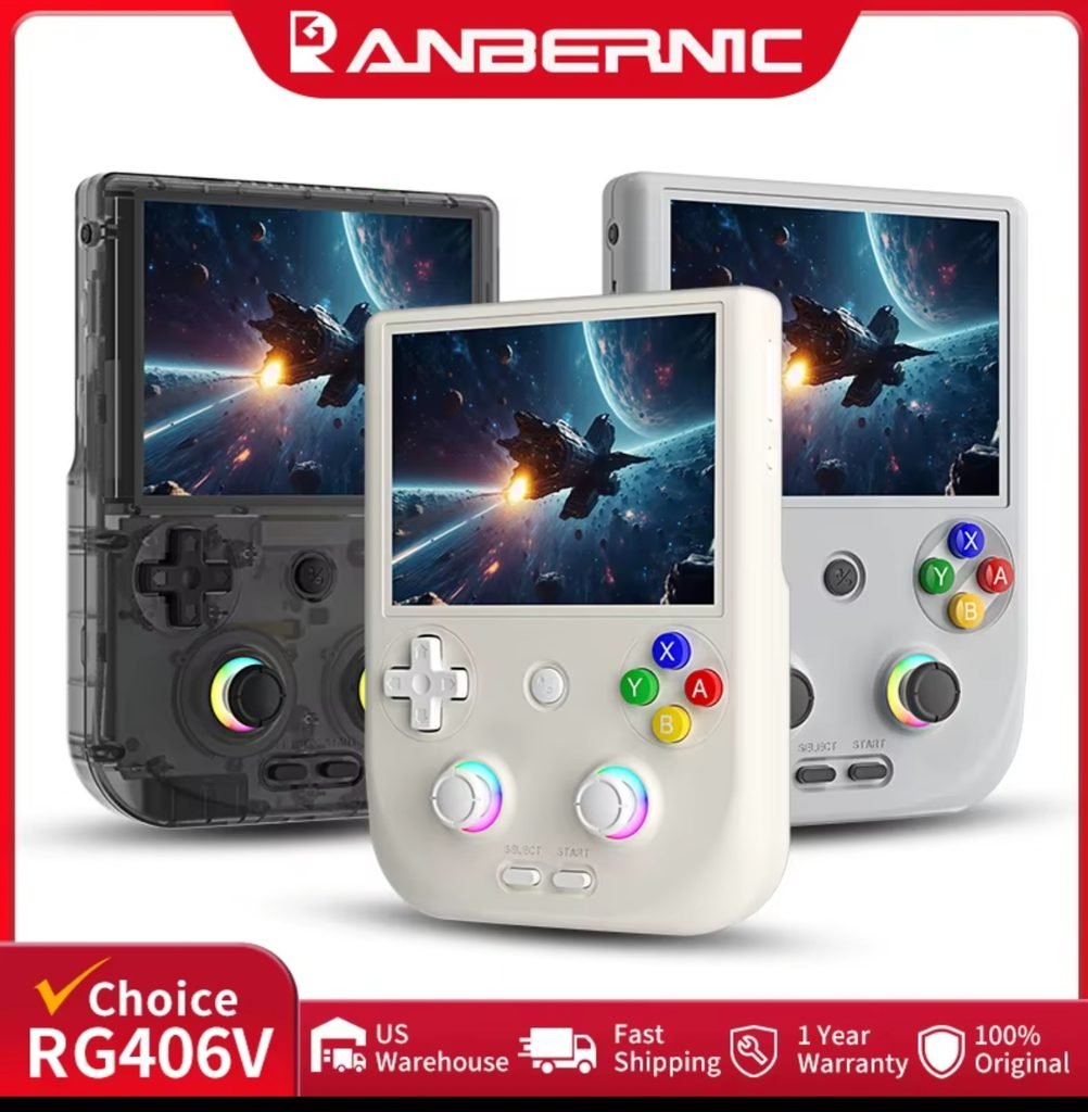 Anbernic RG406V retro handheld games console with 4 inch IPS touchscreen and RGB hall joysticks