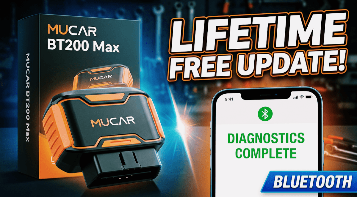 MUCAR BT200 Max OBD2 scanner plugged into car 16 pin diagnostic port