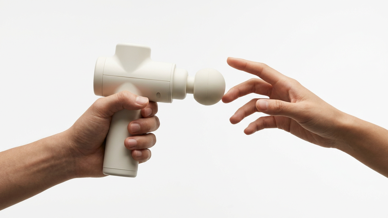 Using Xiaomi mini massage gun on shoulder and back muscles