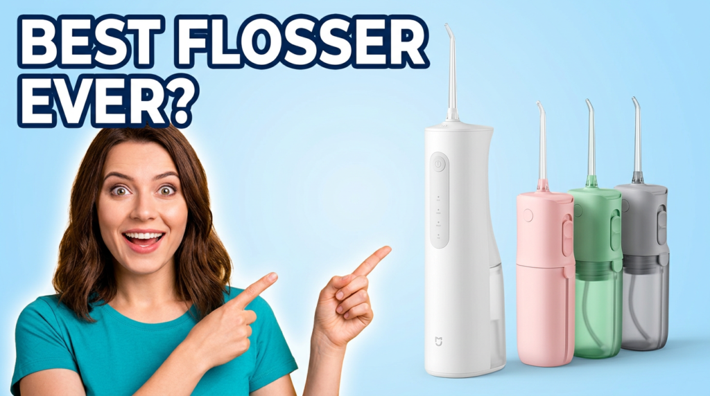 Xiaomi water flosser 2 review: woman pointing at Mijia portable oral irrigator in white, pink and green