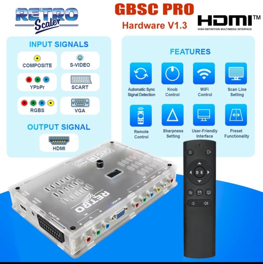 RetroScaler GBSC Pro HDMI upscaler with remote and features