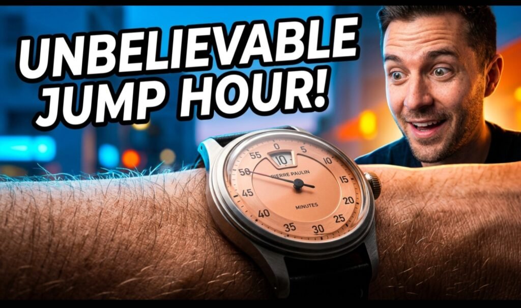 Pierre Paulin jump hour watch with salmon dial on wrist