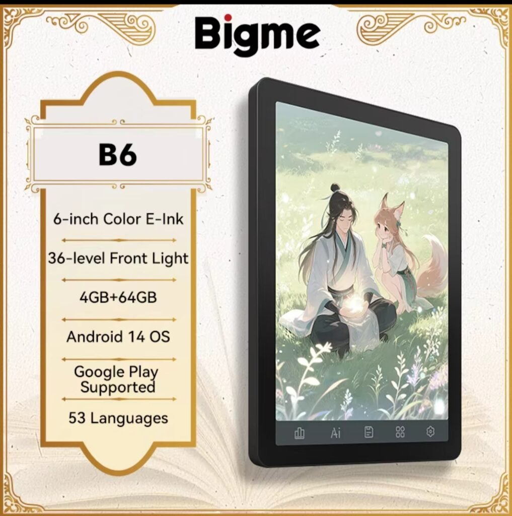 Bigme B6 color ereader specs with 6-inch E-Ink screen, 4GB+64GB and Google Play support